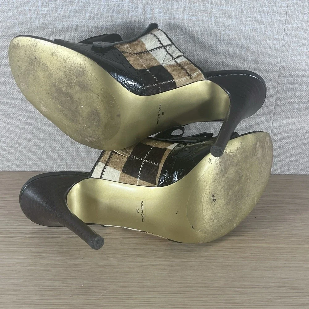 Hale Bob Pony Hair Plaid Patent Leather Mule Heels Bow Peep Toe 10 CityCore - Picture 5 of 14
